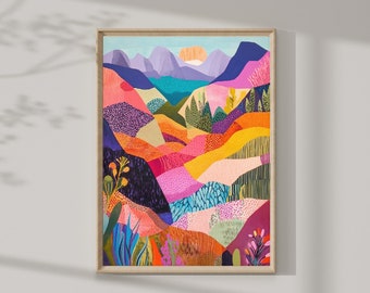 Abstract Mountain Artwork, Colorful Wall Art, Abstract Art, Patchwork, Illustration, Living Room Print, Scenery Art, Floral Art