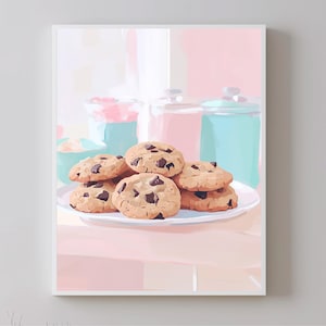 Puede incluir: Un plato de galletas con chispas de chocolate sobre una superficie rosa. Las galletas están dispuestas en una pila, con algunas superpuestas. Las galletas son de color marrón claro con chispas de chocolate oscuro.