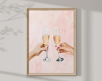 Puede incluir: Dos manos sosteniendo copas de champán llenas de vino espumoso, brindando sobre un fondo rosa.