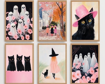 Juego de 6 cuadros de Halloween, Imprimibles de Halloween, Arte de Halloween Coqueta, Arte de Halloween de Moda, Decoración de Halloween