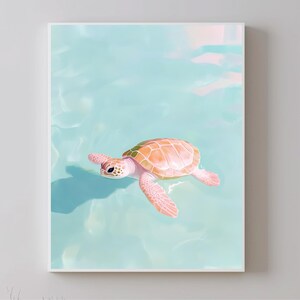 May include: A pink sea turtle swims in turquoise water. The turtle has a brown shell and is facing the left side of the image.