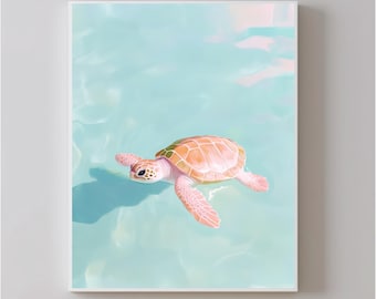 Digital sea turtle art in pastel shades - Downloadable tropical decor, printable design for beach house or relaxing space.