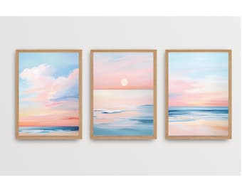 Set of 3 Pastel Sunset Print Blush Pink Coastal Beach Preppy Ocean Painting Poster Boho Wall Art Decor Girly Dorm Teen Room Prints