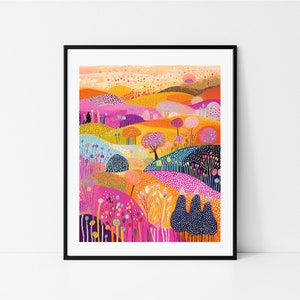 May include: A colourful abstract painting depicting a landscape with hills, trees, and flowers. The colours are bright and vibrant, including pink, orange, yellow, green, and blue.