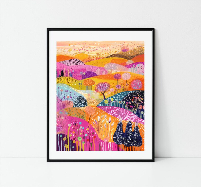 May include: A colourful abstract painting depicting a landscape with hills, trees, and flowers. The colours are bright and vibrant, including pink, orange, yellow, green, and blue.