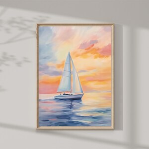 Pink Sailboat Painting | Sunset Art Print | Coastal Wall Decor | Beach House Printable | Summer Ocean Landscape | Seashore Digital Download
