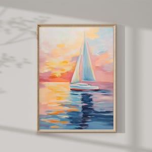 Pink Sailboat Painting | Sunset Art Print | Coastal Wall Decor | Beach House Printable | Summer Ocean Landscape | Seashore Digital Download