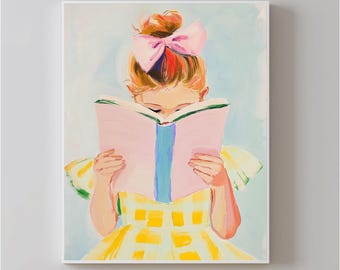 May include: A painting of a young girl with a pink bow in her hair reading a pink book with a blue spine. She is wearing a yellow and white gingham dress.