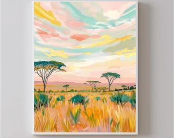 Pastellfarbene tropische Dschungelmalerei | digital druckbare Wandkunst | Heimdekoration | tropische Landschaft - Digitaler Download
