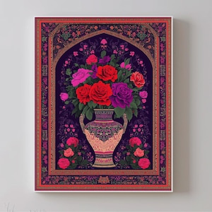 Puede incluir: Un ramo de flores rojas, rosas y moradas en un jarrón decorativo con detalles intrincados. El jarrón está colocado sobre un fondo morado oscuro con un borde estampado.