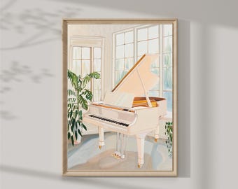 May include: A white grand piano with a light pink interior sits in a room with large windows and plants. The piano has a gold trim and is in a well-lit room.