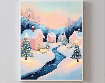 Cuadro de ciudad nevada con luces de navidad | Arte Colorido pastel | Decoración Navideña para Imprimir | Descarga Digital en tendencia