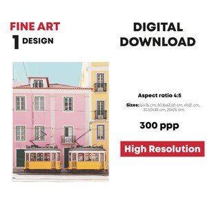 May include: A digital download of a photograph featuring two yellow trams parked in front of a pink and yellow building. The image has an aspect ratio of 4:5 and is available in multiple sizes, including 61x76 cm, 50.8x63.50 cm, 41x51 cm, 30.50x38 cm, and 20x25 cm. The image is 300 ppi and high resolution.