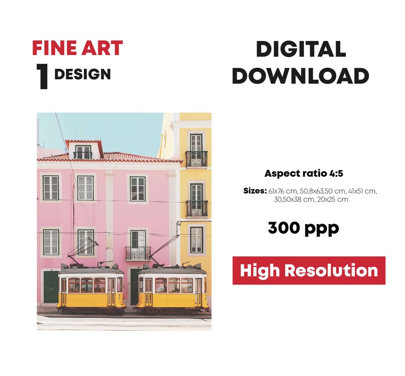 May include: A digital download of a photograph featuring two yellow trams parked in front of a pink and yellow building. The image has an aspect ratio of 4:5 and is available in multiple sizes, including 61x76 cm, 50.8x63.50 cm, 41x51 cm, 30.50x38 cm, and 20x25 cm. The image is 300 ppi and high resolution.