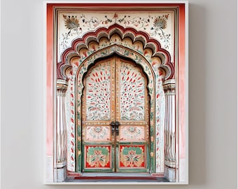 May include: A colorful, ornate doorway with intricate floral designs painted in shades of red, green, and gold. The double doors are closed and feature a traditional Indian design.