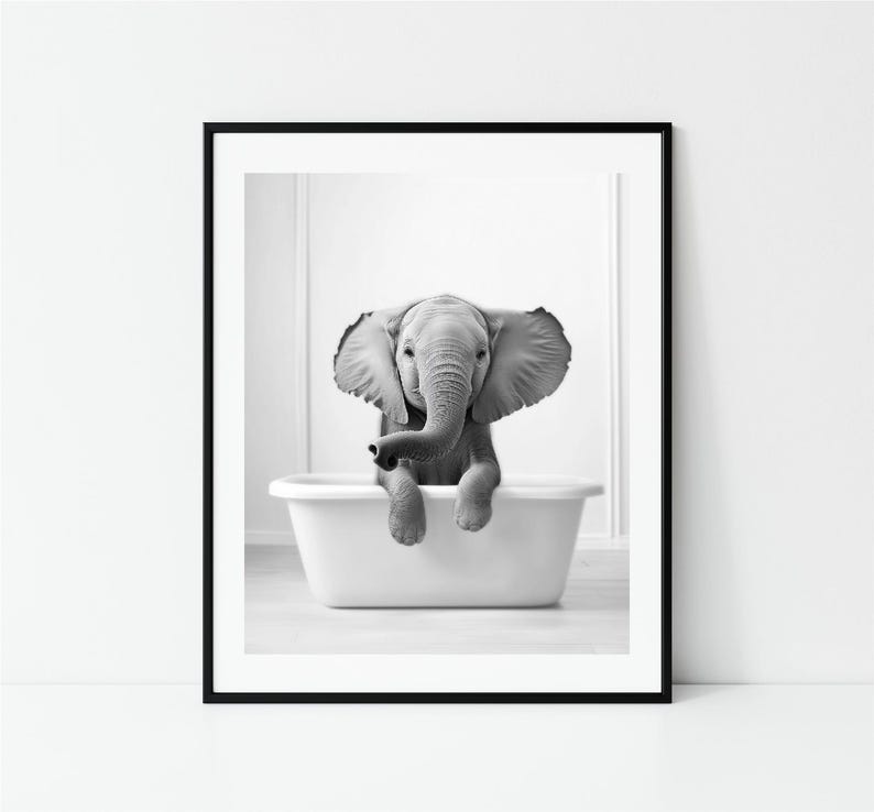 Cute Baby Elephant in Tub Printable Wall Art | Elephant Photo ...
