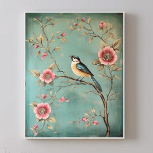 Puede incluir: Un pájaro azul y amarillo posado en una rama con flores rosas. El fondo es de color azul verdoso claro con una textura desgastada.