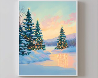 Pintura Pastel Árbol de Navidad | Paisaje de Invierno Rosa Arte Imprimir | Girly Diciembre Imprimible | Holiday Lights Descarga Digital
