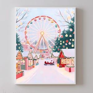 Könnte beinhalten: Eine festliche Winterlandschaft mit einem großen Riesenrad, geschmückten Weihnachtsbäumen und kleinen Geschäften mit funkelnden Lichtern. Ein roter Schlitten mit einer Weihnachtsmannfigur steht im Vordergrund.