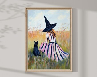 May include: A painting of a woman wearing a black witch hat and a pink and black striped dress sitting in a field of tall grass with a black cat beside her.