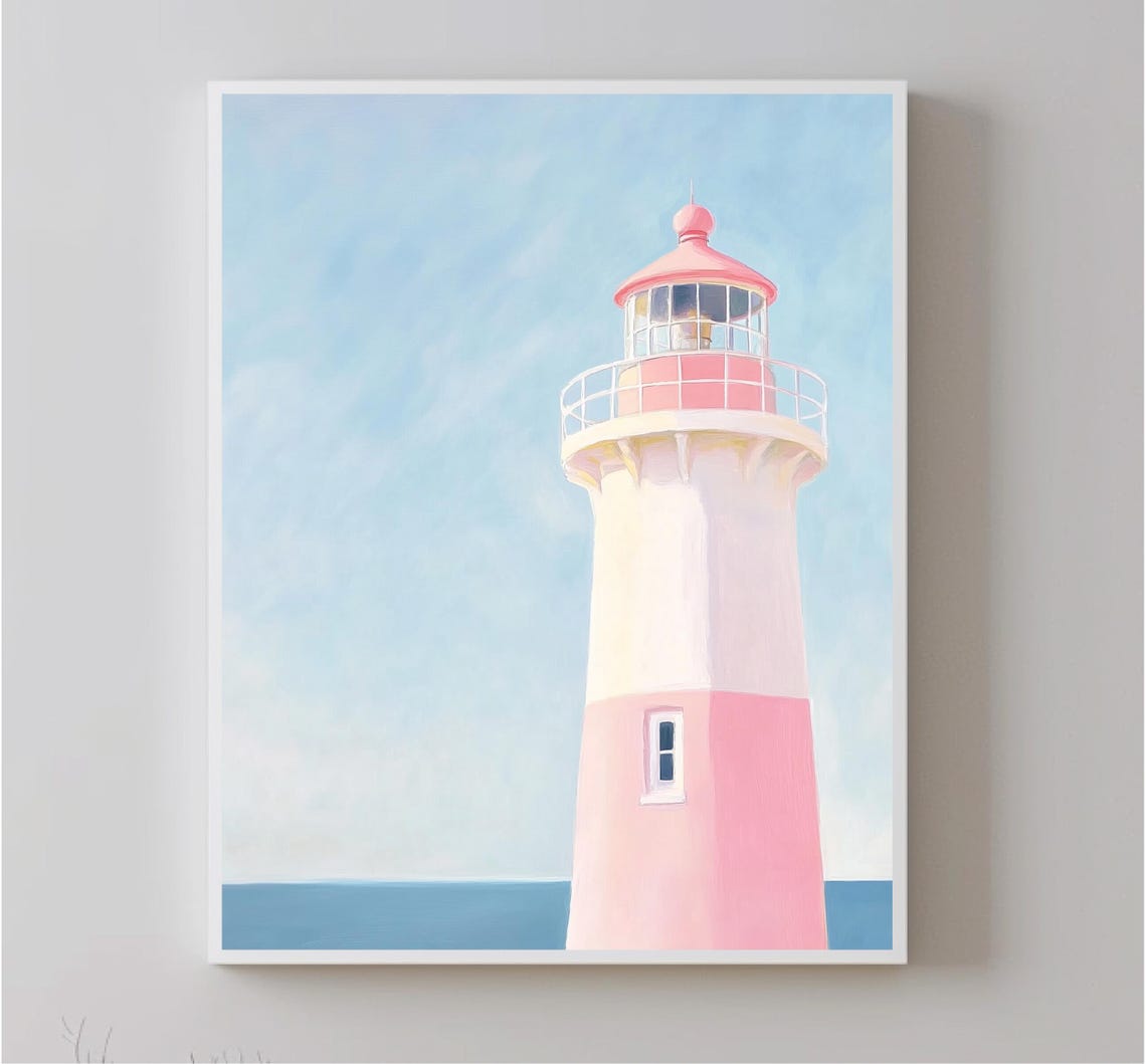 Colorful Pink Lighthouse Painting | Pastel Lighthouse Wall Art Print ...