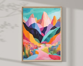 Abstract Mountain Artwork, Colorful Wall Art, Abstract Art, Patchwork, Illustration, Living Room Print, Scenery Art, Floral Art