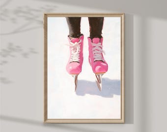 Peut inclure: Une peinture d'une paire de patins à glace roses avec des lacets blancs. Les patins sont sur un fond blanc.
