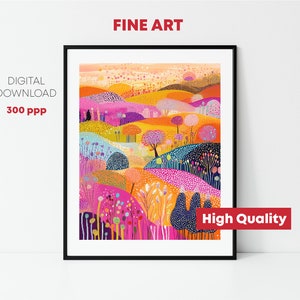 May include: A digital art print depicting a colourful landscape with rolling hills, trees, and flowers. The colours are bright and vibrant, with shades of pink, orange, yellow, and blue. The print is ideal for adding a touch of whimsy and colour to any room.