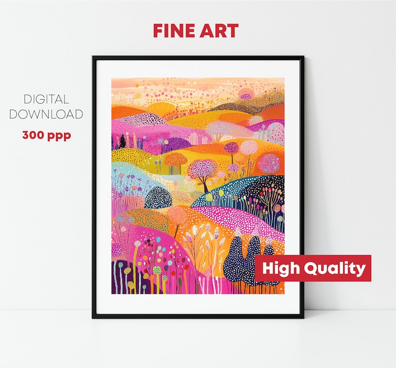 May include: A digital art print depicting a colourful landscape with rolling hills, trees, and flowers. The colours are bright and vibrant, with shades of pink, orange, yellow, and blue. The print is ideal for adding a touch of whimsy and colour to any room.