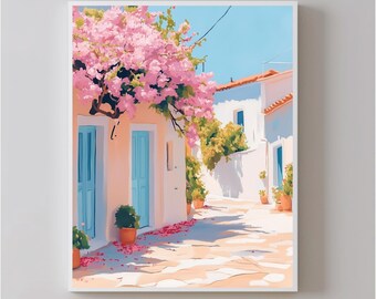 Puede incluir: Una impresión artística enmarcada que representa una pintoresca escena de calle europea. La obra presenta edificios con puertas y ventanas azules, un árbol en flor rosa y una calle adoquinada. El cielo es azul brillante.