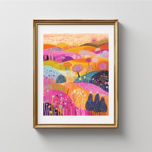 May include: A colourful abstract landscape painting with a variety of shapes and colours, including pink, orange, yellow, blue, and green. The painting features a series of hills and trees, with a bright sky in the background.