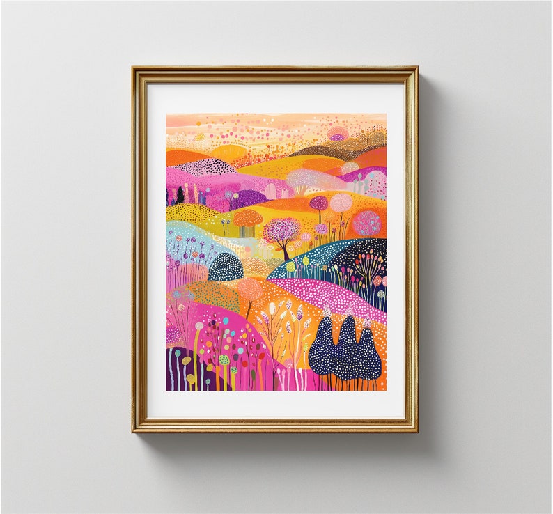 May include: A colourful abstract landscape painting with a variety of shapes and colours, including pink, orange, yellow, blue, and green. The painting features a series of hills and trees, with a bright sky in the background.
