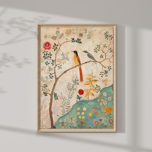 Stampa artistica tradizionale persiana con uccelli e fiori | Poster digitale vintage scaricabile per camera da letto, soggiorno o stile boho