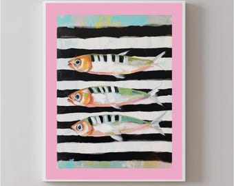 Sardine Art Print - Nautical Kitchen Wall Art | Coastal Fish Decoration for Dining Room and Restaurant - Sardine Canvas - Vertical Print