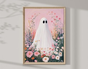 Halloween Ghost Pink Art Print | Pink Halloween art Wall decor | Fall decor Digital Download | Printable art - Girl's room decor
