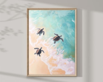 Pintura colorida de tortugas marinas | Impresión de arte de verano | Decoración de pared y Casa de playa | Paisaje marino | Descarga digital