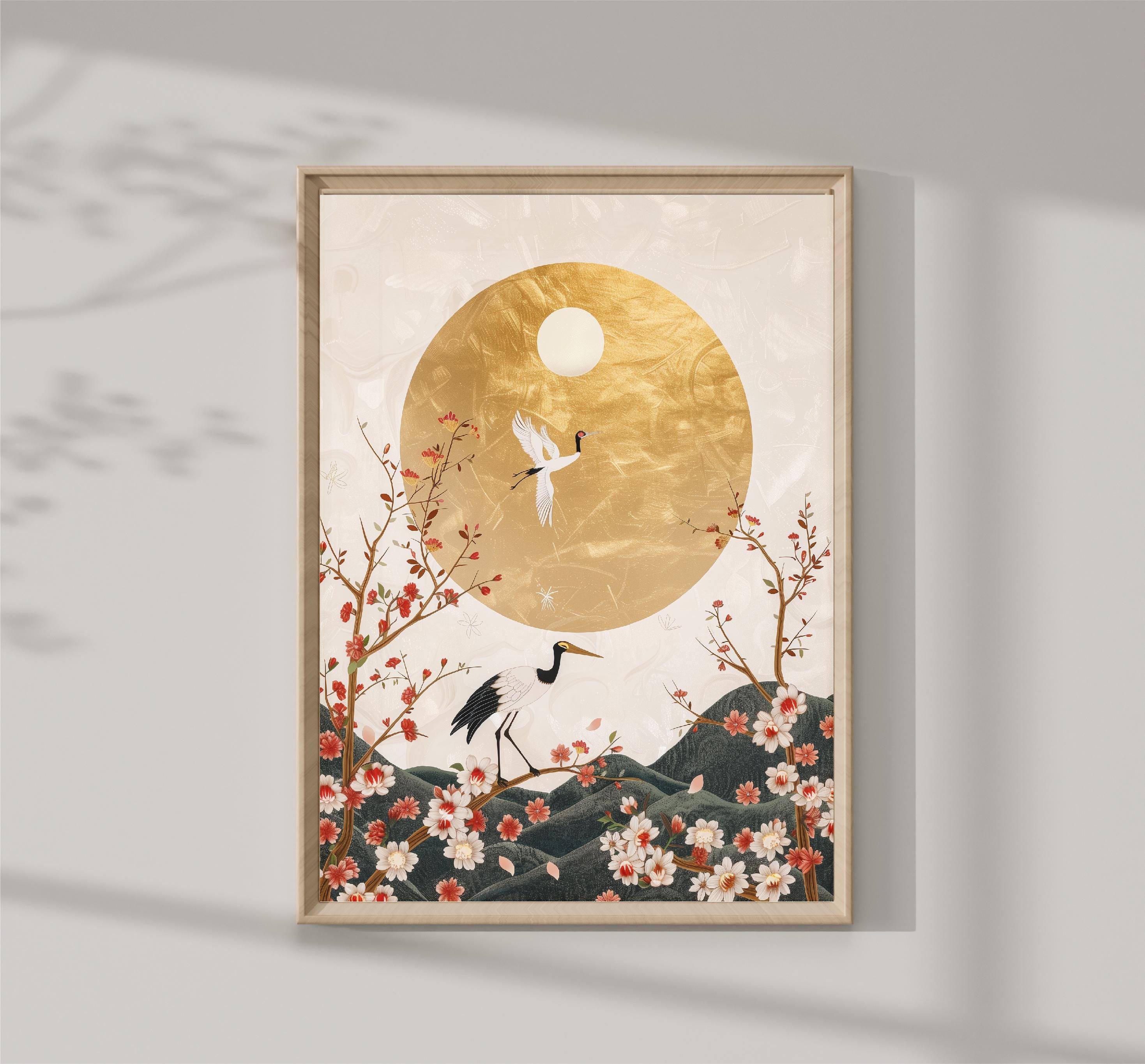 Traditional Persian Art Illustration with Birds and gold sun | Above bed Wall Art - Trendy Art - living decor print