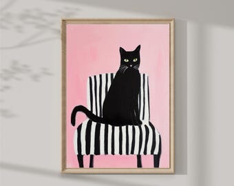 Pink halloween decor cat Print | Pastel Halloween Wall Decor Print | Fall pink decor Digital Download | Printable art - Girl&#39;s room decor