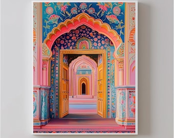 Indian Decor Door Travel Photography, Jaipur Illustration, Jaipur Poster, Jaipur Poster, India travel poster, bedroom decor in trend,