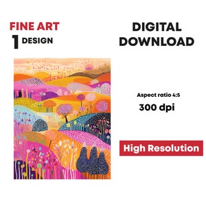 May include: A digital painting depicting a colourful landscape with hills, trees, and flowers. The colours are bright and vibrant, and the style is whimsical and playful.