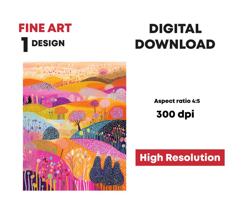 May include: A digital painting depicting a colourful landscape with hills, trees, and flowers. The colours are bright and vibrant, and the style is whimsical and playful.