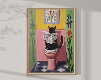 May include: A black cat sits on a pink toilet reading a newspaper with the headline "DNA NEWS". The cat is in a bathroom with green and yellow walls and a checkered floor.