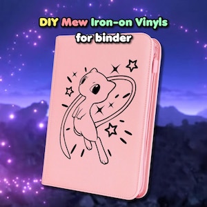 May include: Pink binder with a black and white graphic of Mew, surrounded by stars and lines. The text "DIY Mew Iron-on Vinyls for binder" is at the top. The binder has a zipper closure.