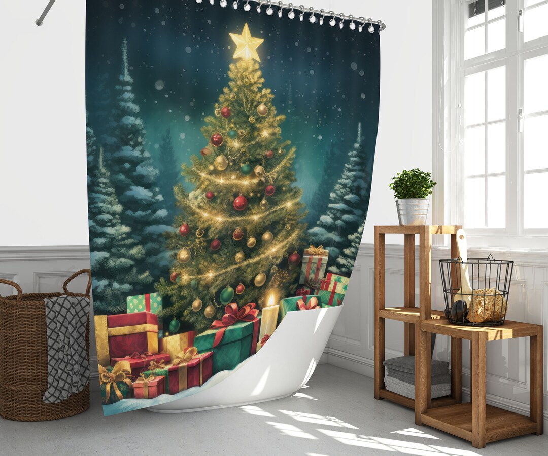 Christmas Tree Shower Curtain Xmas Winter Bathroom Curtain Etsy