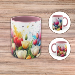 Tulip Coffee Mug, Have a Cup of Coffee in the morning with Tulip Spring Flowers, Spring Gift for Her Accent Coffee Mug, 11oz, in 5 colors