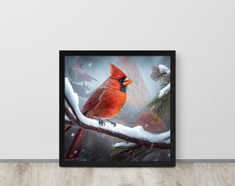 Cardinal in the Snow Framed Poster | Blended Photography + AI Art | Framed Posters | Nature | Winter | Gifts for Birdwatchers