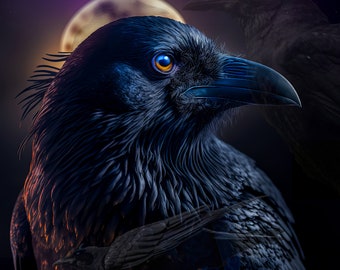 May include: A close-up of a black raven with bright blue eyes, perched against a dark background with a blurred moon in the background.