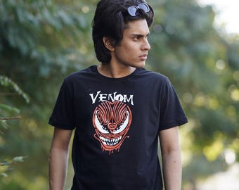 Men’s Black Graphic T-Shirt – Fierce Monster Face Print, Streetwear Style Casual Tee