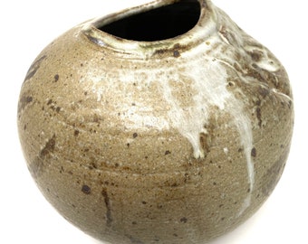 Signed 1970s Beige and Brown Glazed Pot