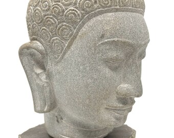 Cambodian Hand-Carved Gray Sandstone Buddha Head (Zen/Meditative)